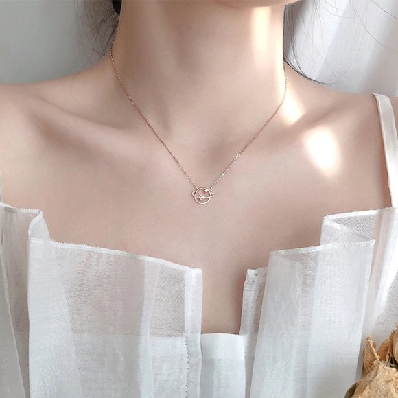 *Rose Gold/Sterling Silver Diamond Planet Necklace - Picture 2 of 7
